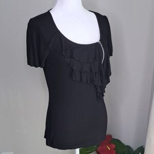 Cable & Gauge Women's Top Black Flutter Sleeve Petite Small Ruffled Stretchy